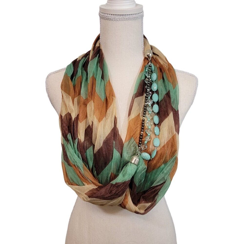 Vintage 100% Polyester Autumn‎ Fall Multicolor Infinity Scarf Embellished Beaded
